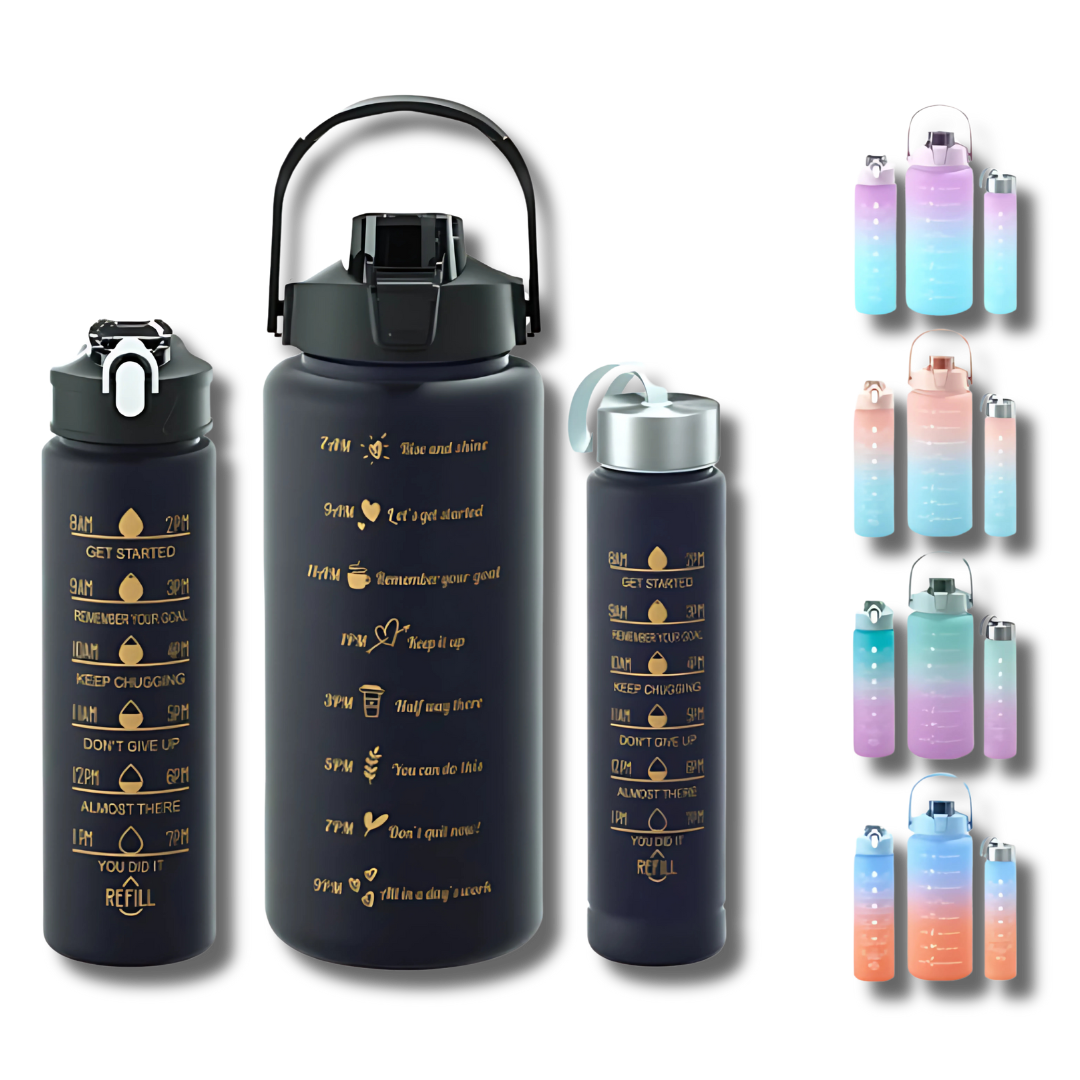 3-Piece Reusable Motivational Water Bottle Set – With Time Markers & Portable Design