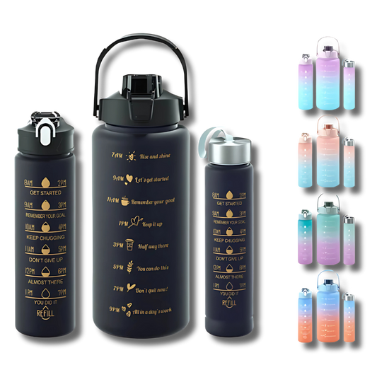 3-Piece Reusable Motivational Water Bottle Set – With Time Markers & Portable Design