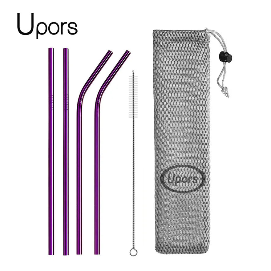 Reusable Stainless Steel Drinking Straws - Straight & Bent Metal Straws with Cleaning Brush and Travel Pouch