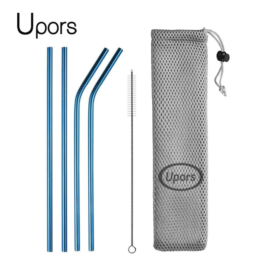 Reusable Stainless Steel Drinking Straws - Straight & Bent Metal Straws with Cleaning Brush and Travel Pouch