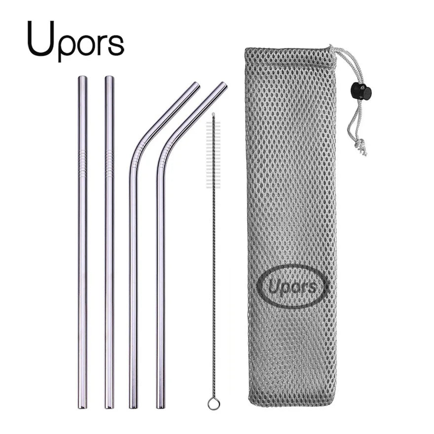 Reusable Stainless Steel Drinking Straws - Straight & Bent Metal Straws with Cleaning Brush and Travel Pouch