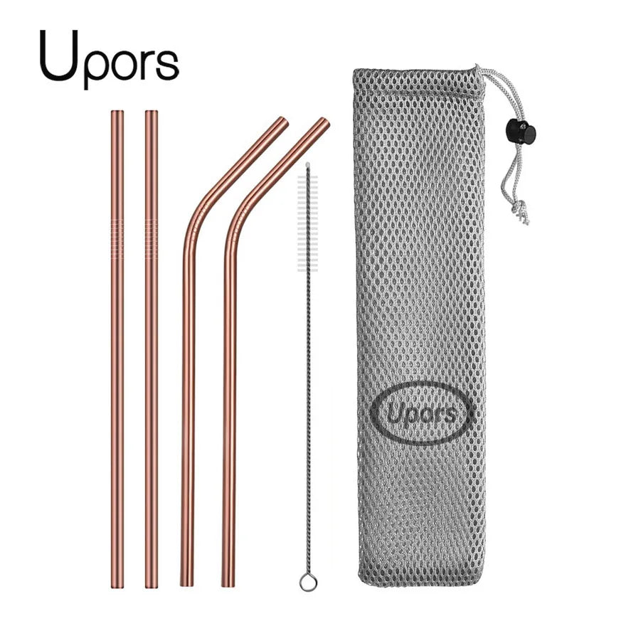 Reusable Stainless Steel Drinking Straws - Straight & Bent Metal Straws with Cleaning Brush and Travel Pouch