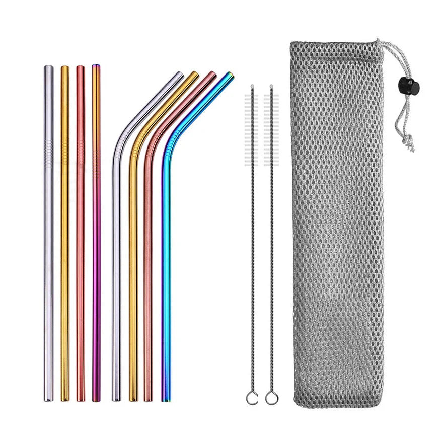 Reusable Stainless Steel Drinking Straws - Straight & Bent Metal Straws with Cleaning Brush and Travel Pouch