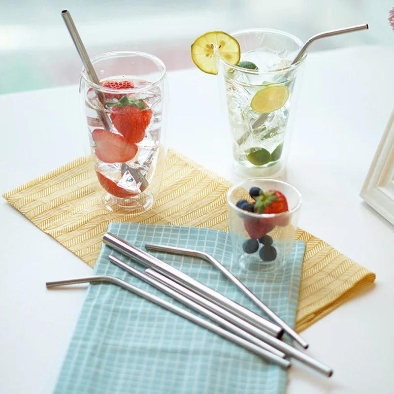 Reusable Stainless Steel Drinking Straws - Straight & Bent Metal Straws with Cleaning Brush and Travel Pouch