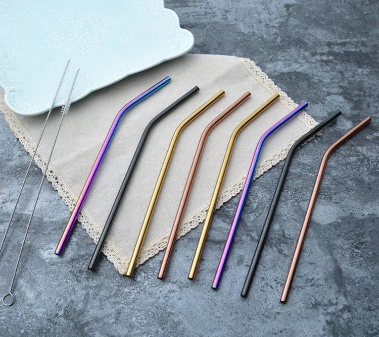 Reusable Stainless Steel Drinking Straws - Straight & Bent Metal Straws with Cleaning Brush and Travel Pouch