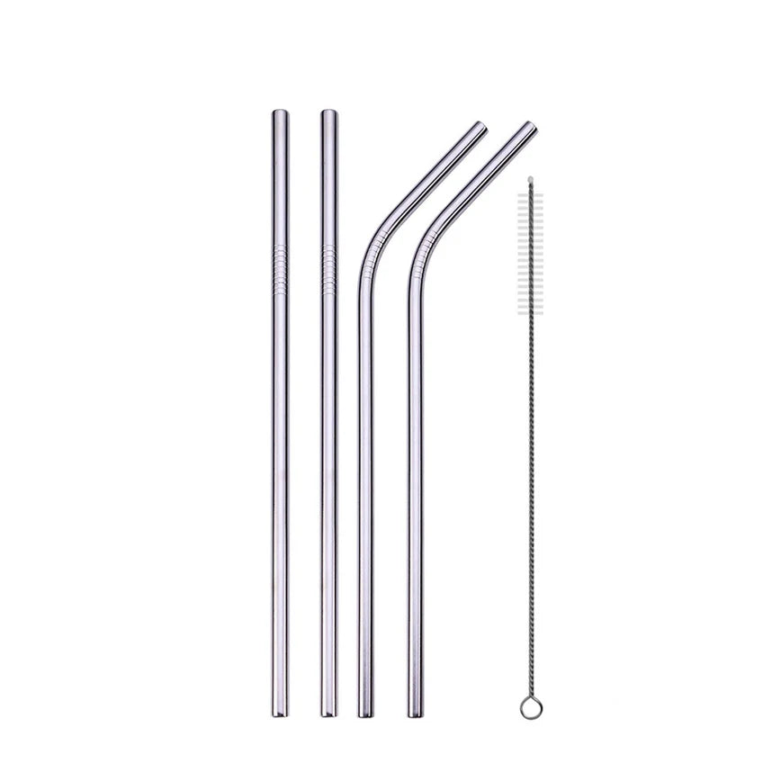 Reusable Stainless Steel Drinking Straws - Straight & Bent Metal Straws with Cleaning Brush and Travel Pouch