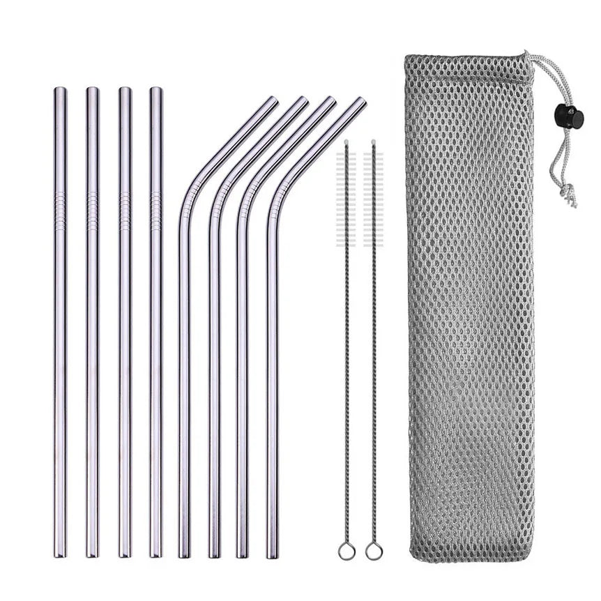 Reusable Stainless Steel Drinking Straws - Straight & Bent Metal Straws with Cleaning Brush and Travel Pouch