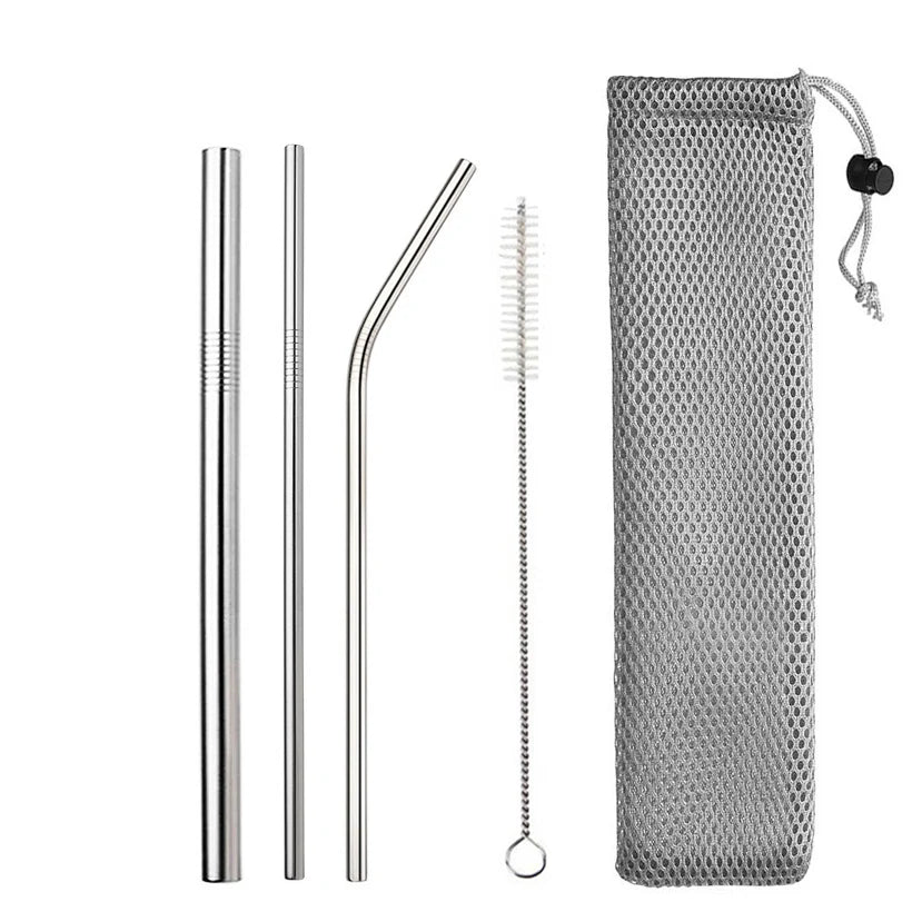 Reusable Stainless Steel Drinking Straws - Straight & Bent Metal Straws with Cleaning Brush and Travel Pouch