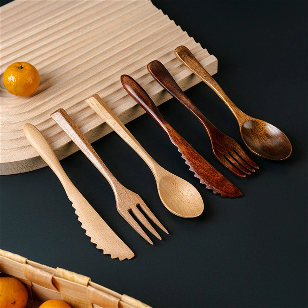 3-Piece Teak Tableware Set – Natural Wooden Fork, Spoon, & Knife