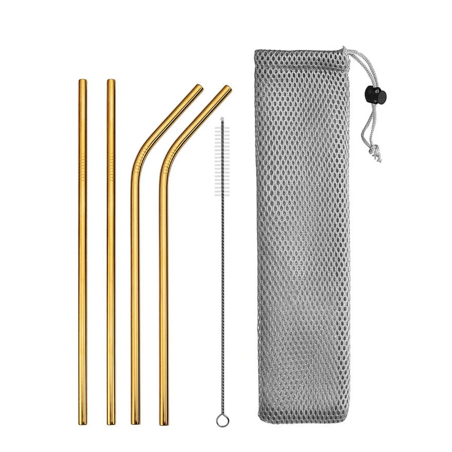 Reusable Stainless Steel Drinking Straws - Straight & Bent Metal Straws with Cleaning Brush and Travel Pouch