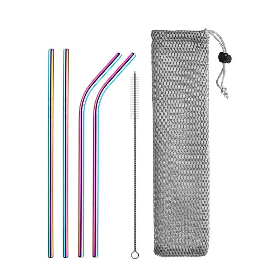 Reusable Stainless Steel Drinking Straws - Straight & Bent Metal Straws with Cleaning Brush and Travel Pouch