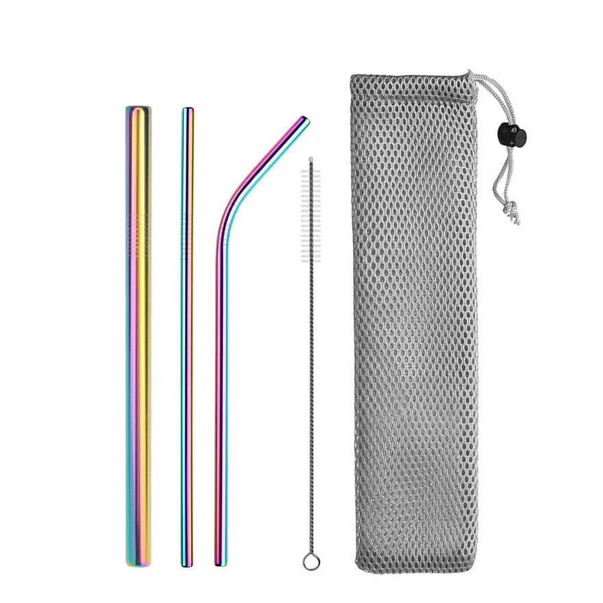 Reusable Stainless Steel Drinking Straws - Straight & Bent Metal Straws with Cleaning Brush and Travel Pouch