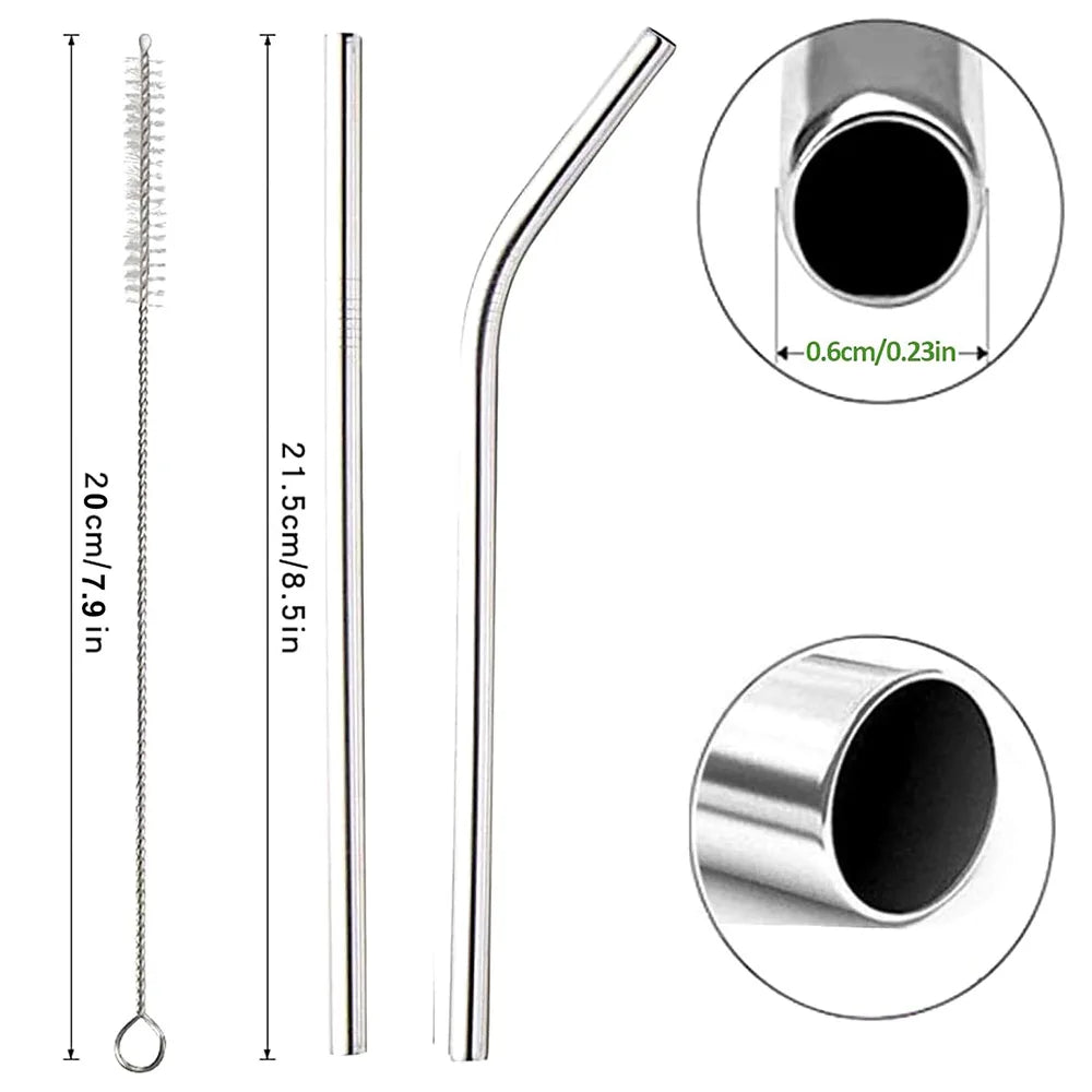 Reusable Stainless Steel Drinking Straws - Straight & Bent Metal Straws with Cleaning Brush and Travel Pouch