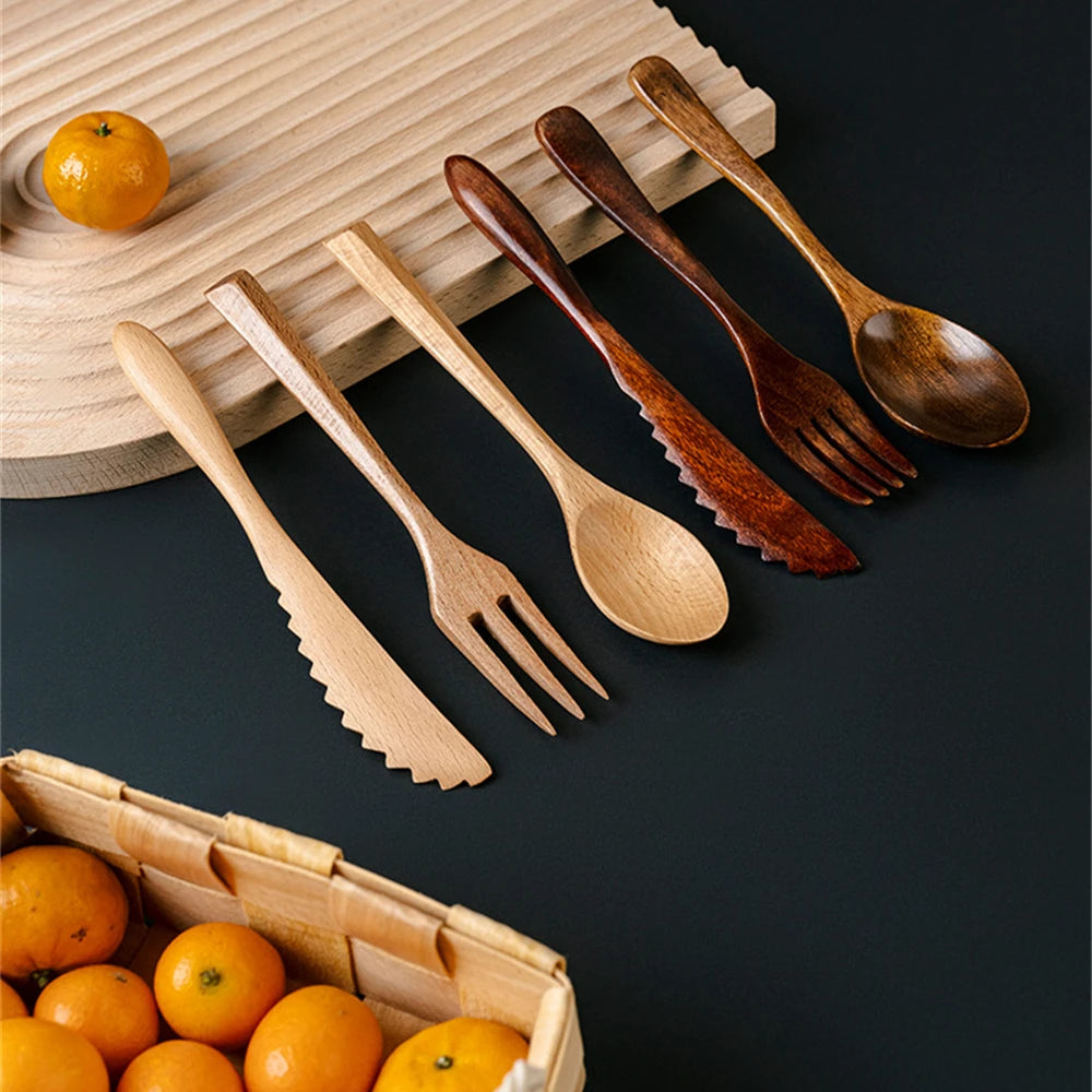 3-Piece Teak Tableware Set – Natural Wooden Fork, Spoon, & Knife