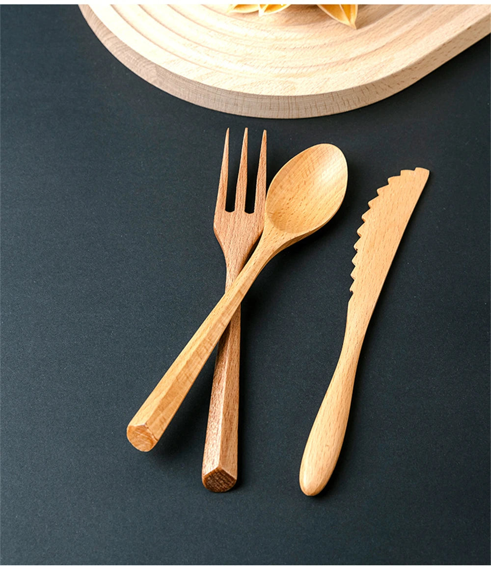 3-Piece Teak Tableware Set – Natural Wooden Fork, Spoon, & Knife