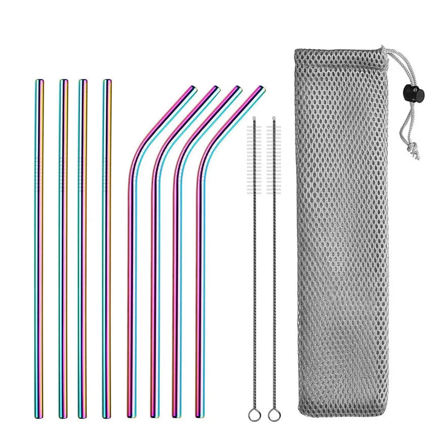 Reusable Stainless Steel Drinking Straws - Straight & Bent Metal Straws with Cleaning Brush and Travel Pouch