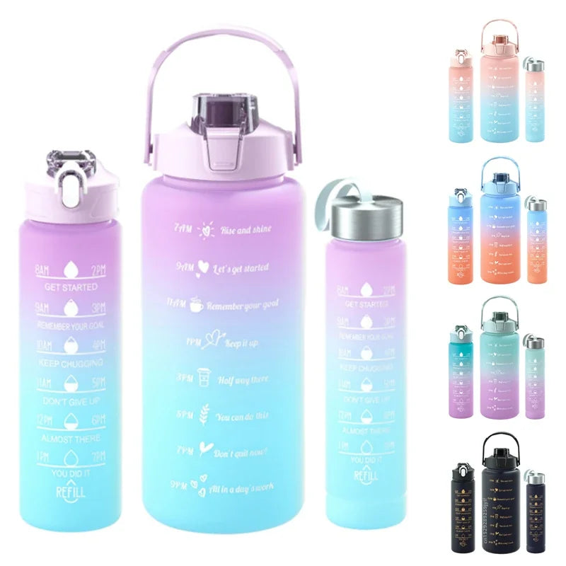 3-Piece Reusable Motivational Water Bottle Set – With Time Markers & Portable Design