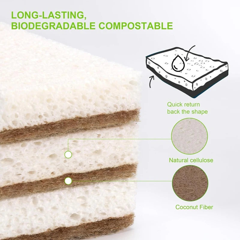 Eco-Friendly Biodegradable Kitchen Sponges - 12-Pack Natural Dish Sponges with Compostable Coconut Scrubber