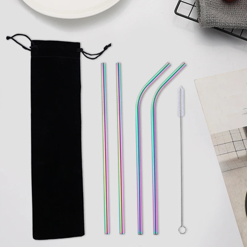 5-Piece Stainless Steel Straw Set - Colorful Reusable Metal Straws for Coffee, Tea, Juice, and Bar Drinks