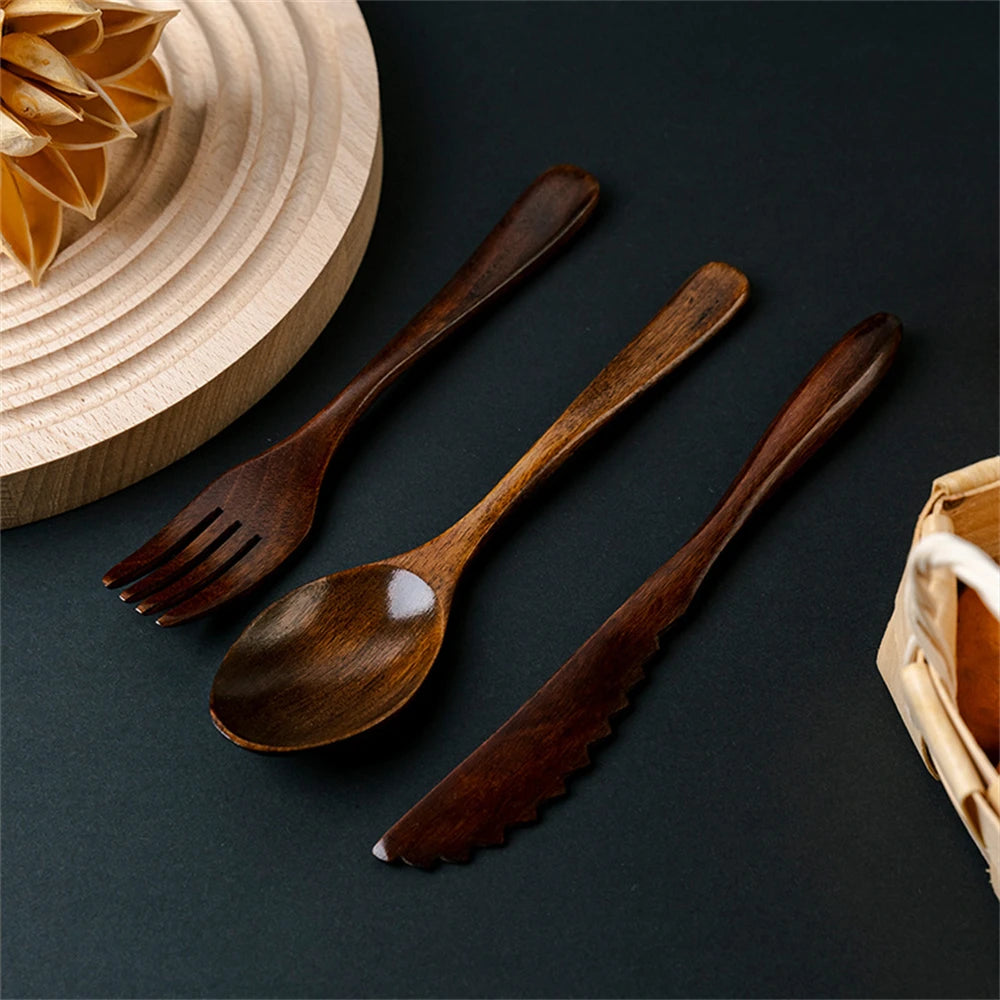 3-Piece Teak Tableware Set – Natural Wooden Fork, Spoon, & Knife