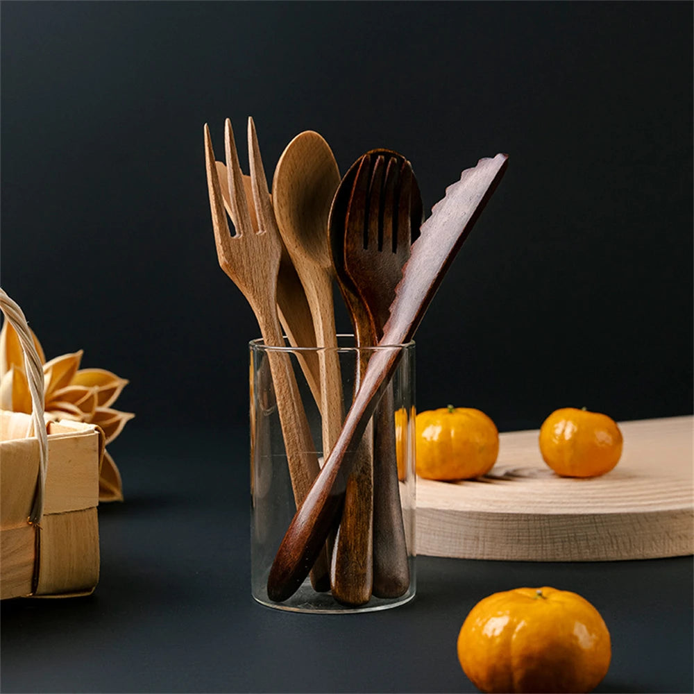 3-Piece Teak Tableware Set – Natural Wooden Fork, Spoon, & Knife