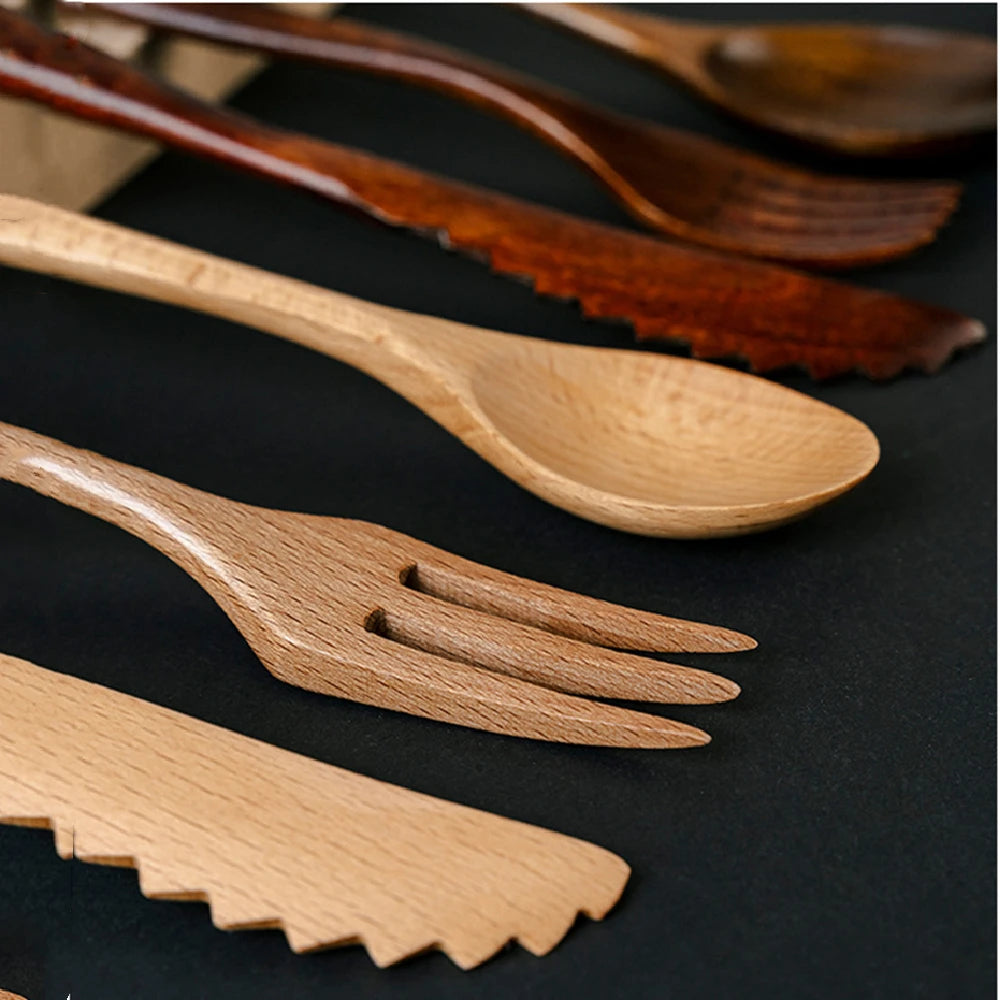 3-Piece Teak Tableware Set – Natural Wooden Fork, Spoon, & Knife