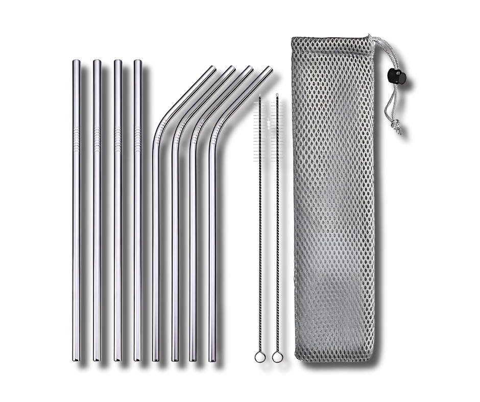 Reusable Stainless Steel Drinking Straws - Straight & Bent Metal Straws with Cleaning Brush and Travel Pouch