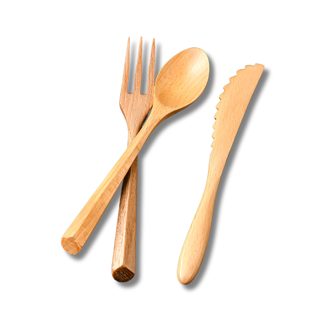 3-Piece Teak Tableware Set – Natural Wooden Fork, Spoon, & Knife